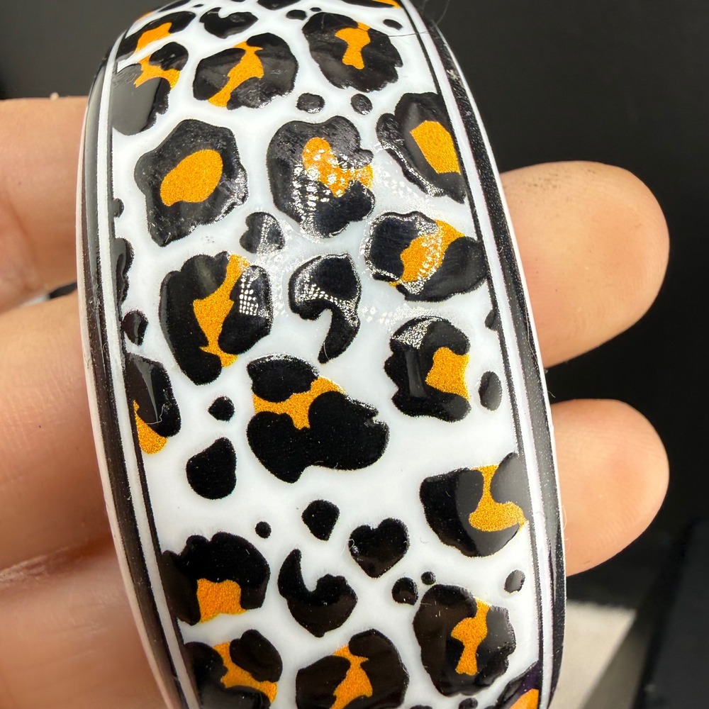Vintage Bangle Bracelet White Leopard Print Animal Print Resin Wide 8.5